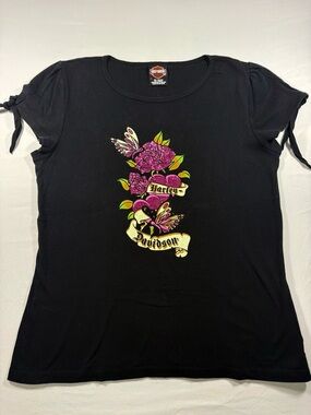 Vtg 2007 Harley-Davidson Shenandoah Staunton VA Glitter Rose Butterfly Knot T XL